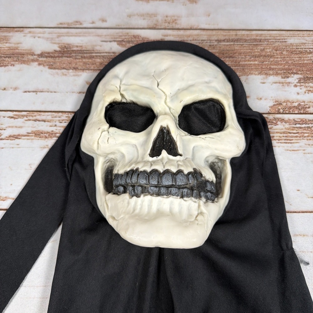 Vintage Easter Unlimited Skull Mask with Black Fabric Hood Halloween Skeleton